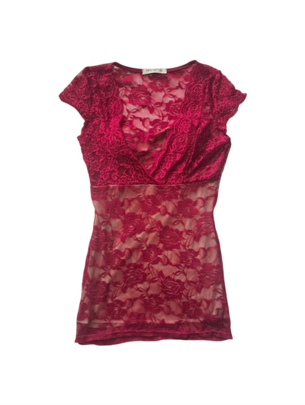 Y2K Arden B Sheer Red Floral Fitted Top Small | Padded Bust | V-Neck